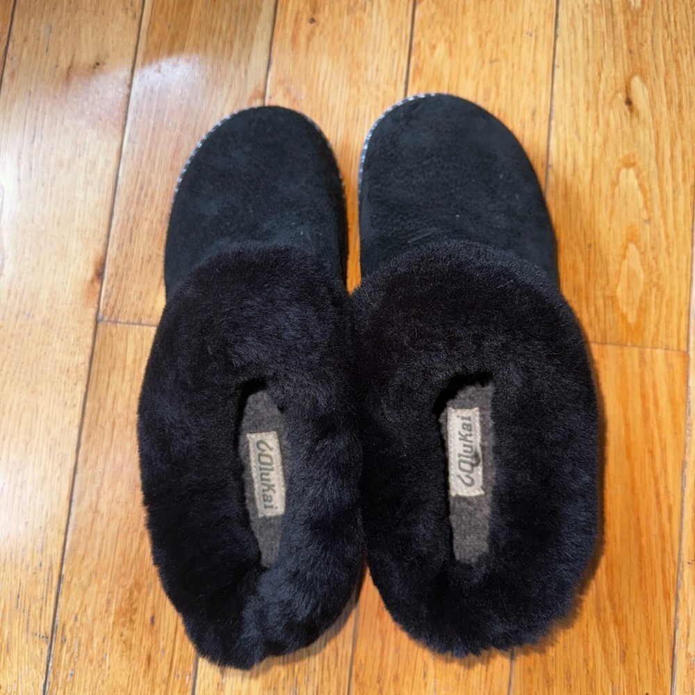 Olukai Ku‘i Women’s Indoor Outdoor Slippers Black Fog Shearling US 7